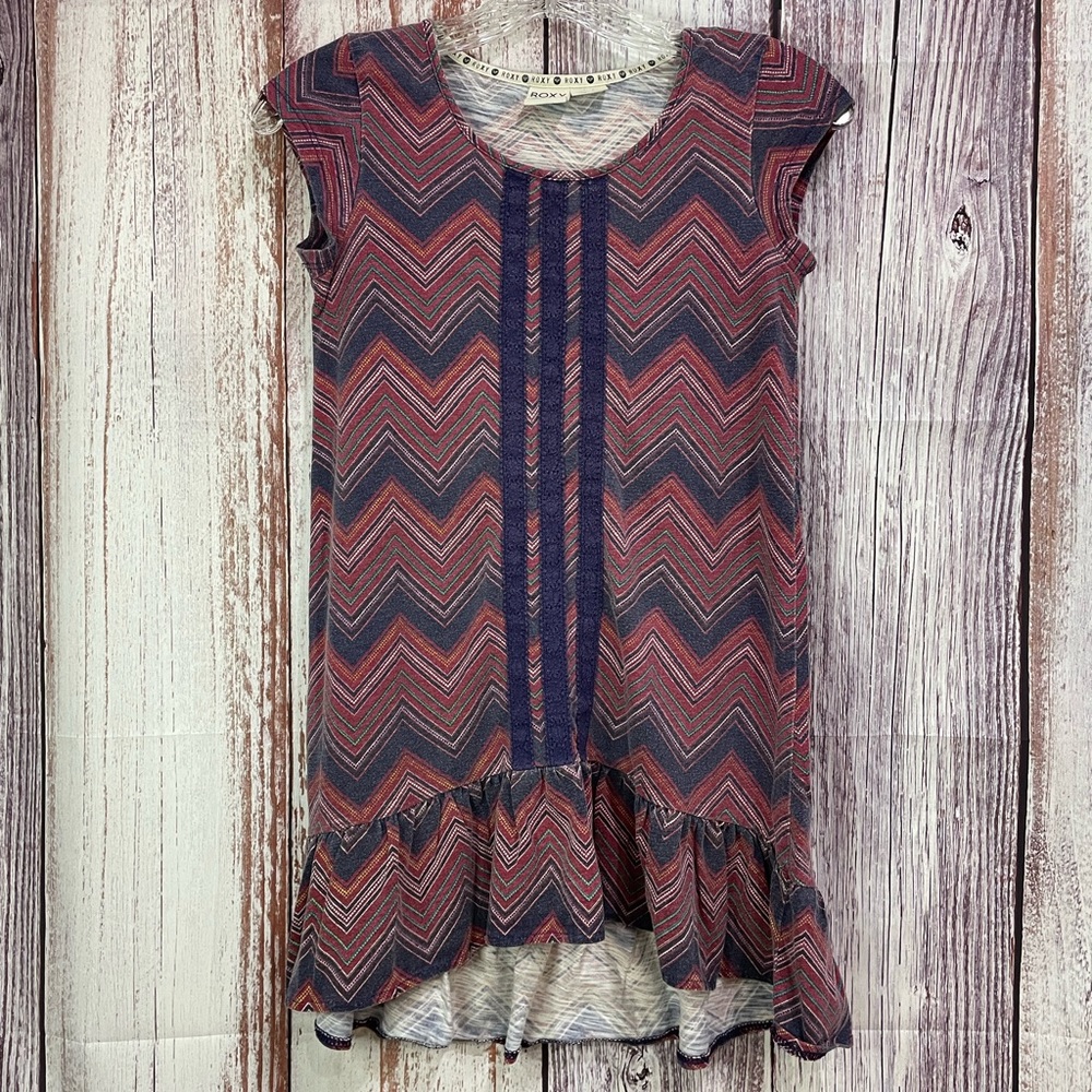Roxy Girl Cap Sleeve Chevron Dress Hi-Lo Red & Blue Size Small (8/10)  #5058